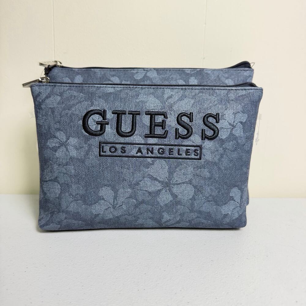 GUESS Los Angeles Denim 2-Cosmetic Bags Floral Print Travel Zip Pouch